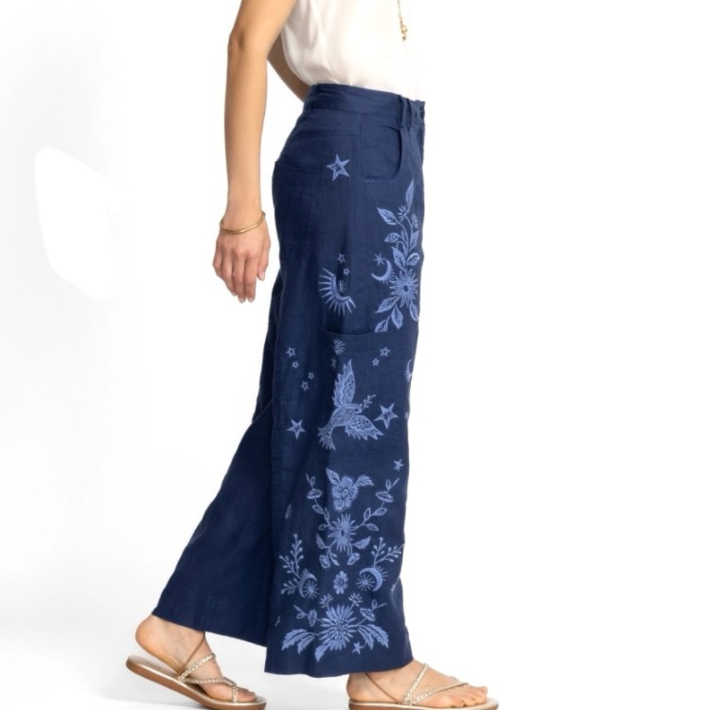 NEW Johnny Was Oleander Wide Leg Cropped Pants Tonal Embroidery Linen Blue S - Picture 3 of 15